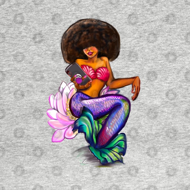 Mermaid Afro Mermaid on phone sitting on Lilly flower - Coco the Magical rainbow mermaid and phone - brown eyes, Afro hair in two puffs and caramel brown skin - light background by Artonmytee